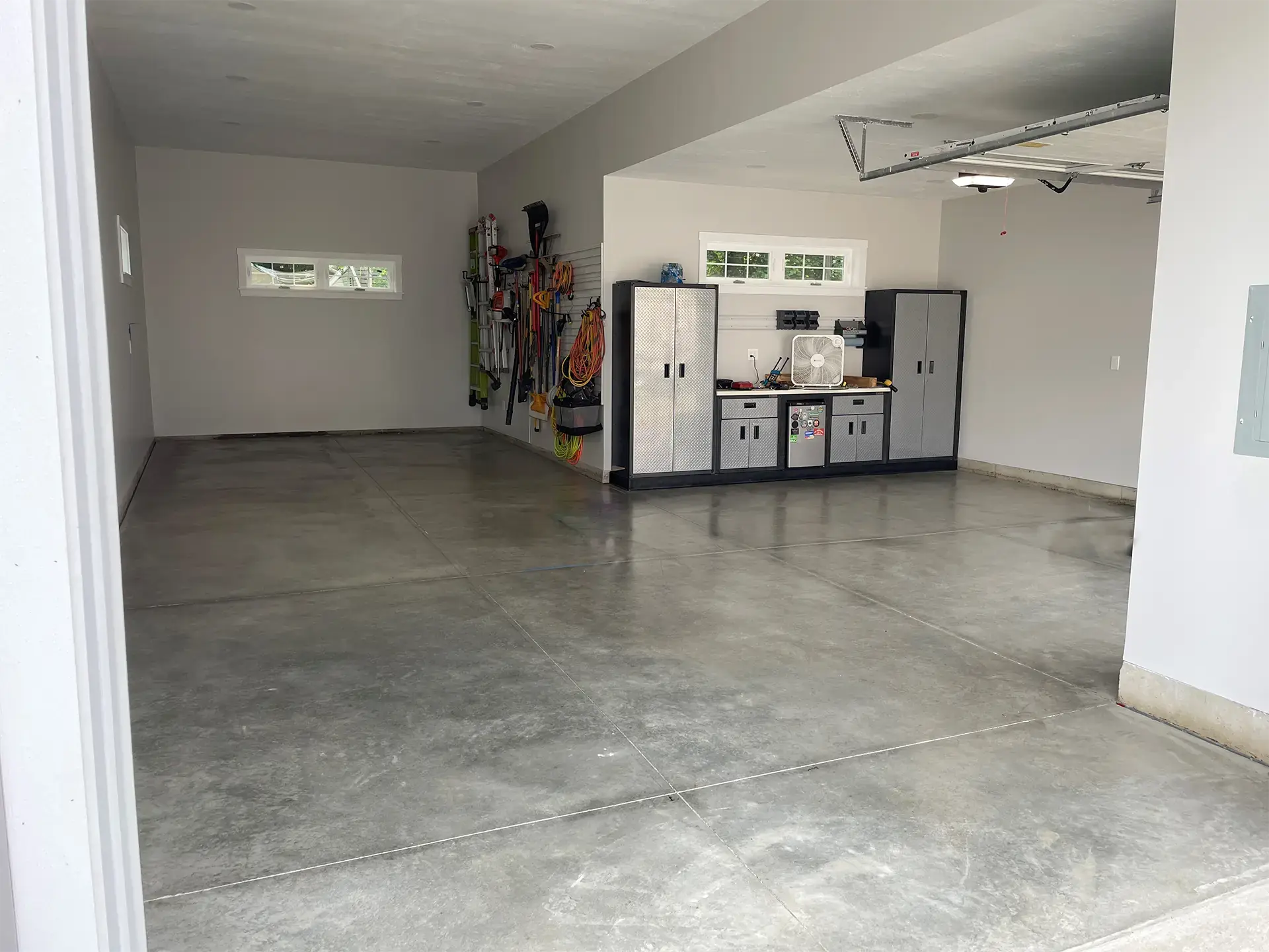Garage interior with custom cabinets